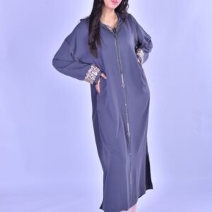 Djellaba Tissu Uni Anthracite Broderies Terre